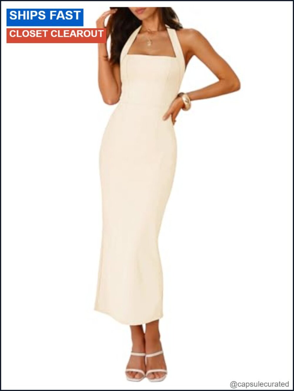 Sleeveless Halter Neck Bodycon Midi Cocktail Dress with Back Slit